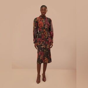 NWT Farm Rio Brown Elephants Long Sleeve‎ Midi Dress with Pockets